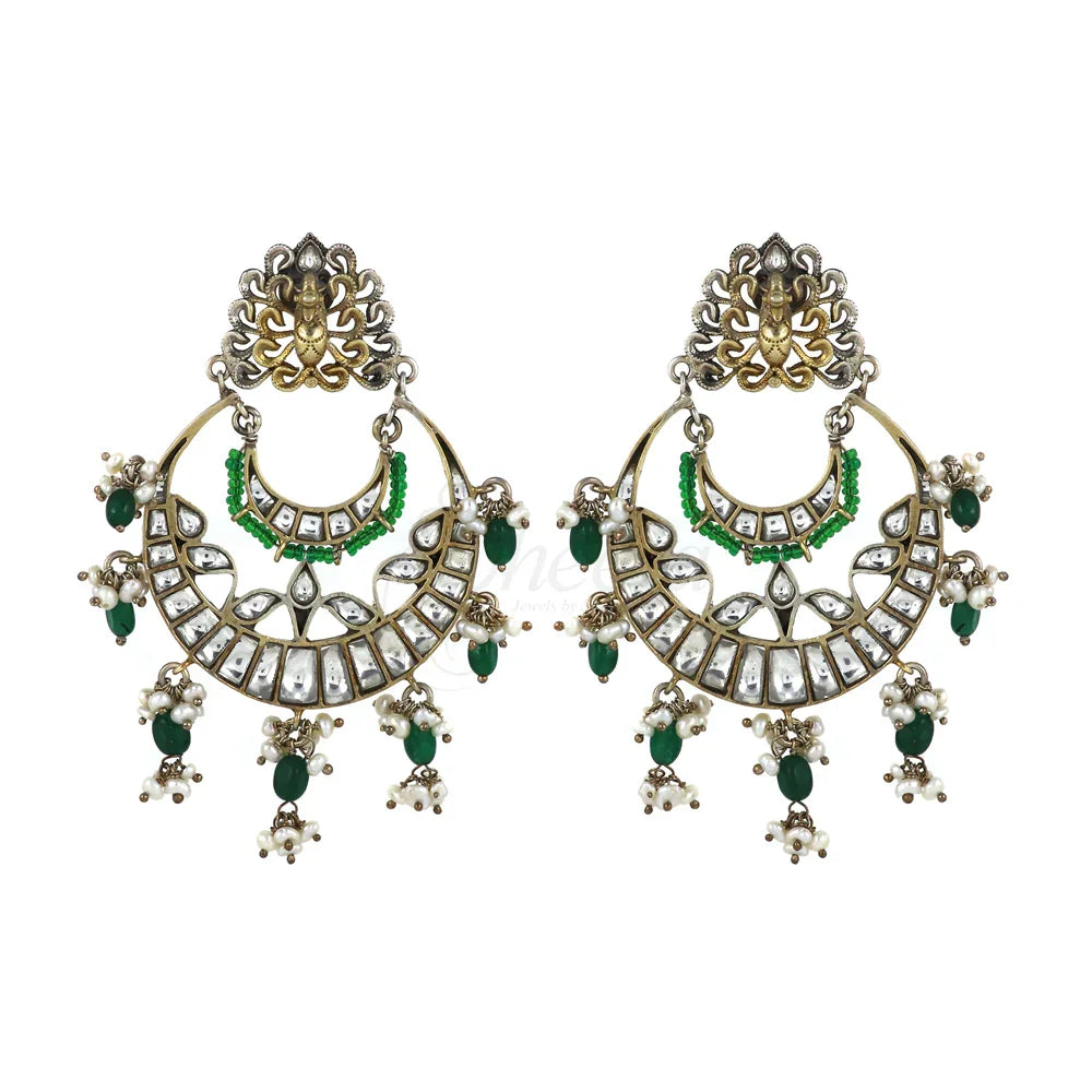 White Kundan Chandbaali with Green Beads image 0